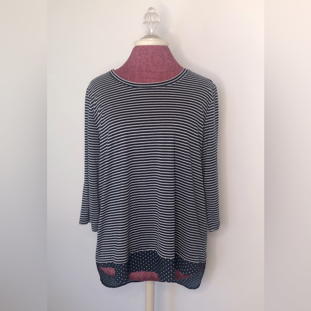 CJ Banks 3/4 Sleeve Tunic top Navy White striped & polka dots Si…